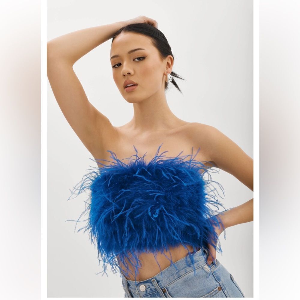 NWT LaMarque Zaina Top maribou feather bandeau bustier cobalt blue Revolve XS - Picture 6 of 10